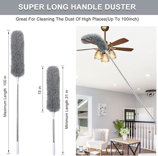 100" Extra-Long Microfiber Feather Duster, Extendable Pole Dusters, Telescoping Cobweb Duster for Cleaning, Bendable and Washable Microfiber Head, Cleaner for High Ceiling, Fan, Furniture