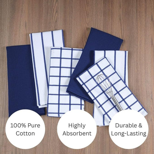 Assorted Waffle Kitchen Towels 100% Cotton Set of 6 - Heavy Duty 320 GSM Quality Dish Cloths Towel - Soft Absorbent Washable for Kitchen Use - Quick Drying Dish Towel 16x26 inch Blue