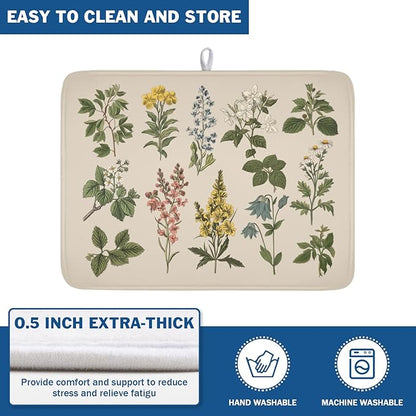 Vintage Plants Herbs Floral Dish Drying Mat for Kitchen Counter Retro Leaf Drying Mat 18x24 Inch Rustic Farmhouse Absorbent Dish Drainer Mat Kitchen Accessories