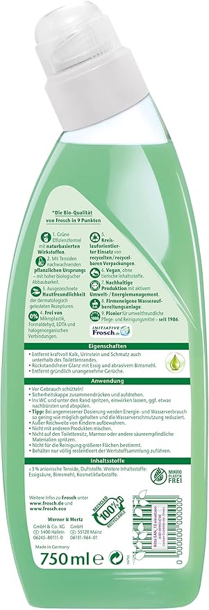 Frosch Vinegar Toilet Cleaner, Liquid Toilet Cleaner Removes Lime and Urinary Stone for Powerful Cleaning with Vinegar and Pumice Flour, 750 ml