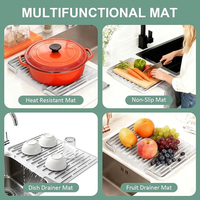 Silicone Kitchen Countertop Dish Drying Mat with Water Collection Tray Non-Slip Pad(Light Gris )