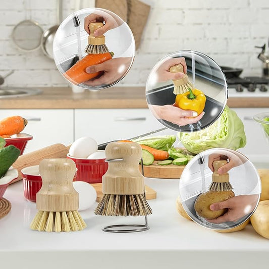 SAMEBUETCO 6-Piece Bamboo Dish Brush Set with 2 Stainless Steel Drying Racks, 3 Mixed Fiber Pot Brushes & 1 Sisal Bristle Brush for Dishes, Pots, Pans, Vegetables & Kitchen Cleaning