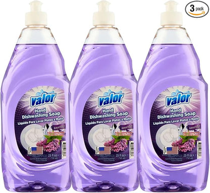 Valor Dishwashing Liquid, 25 fl oz – Dish Soap for Kitchen & Bathroom, Grease-Fighting, Gentle on Hands, Fast Rinse, Eco-Friendly Biodegradable Formula (25.5 oz (Pack of 3), Lavender)