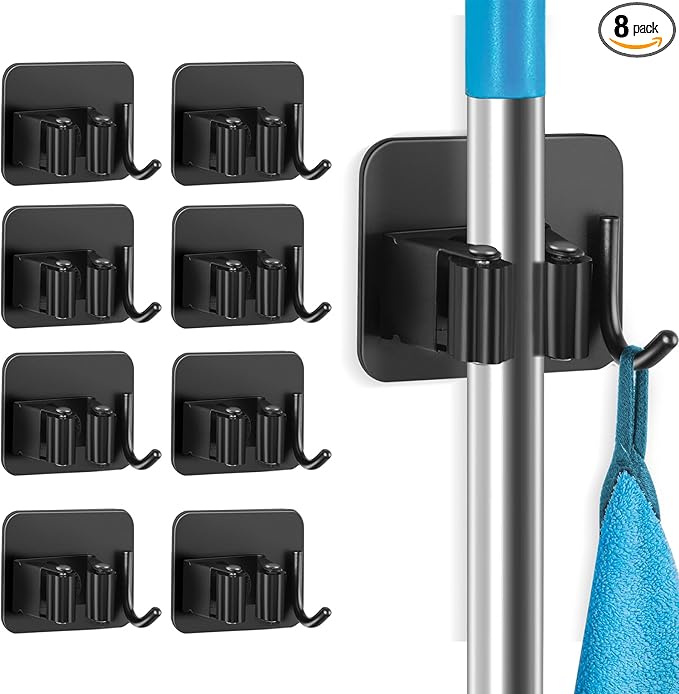 Broom and Mop Holder, Super Anti-Slip Wall Mount, Self Adhesive Gripper for Bathroom, Garage and Laundry Room Storage, Black
