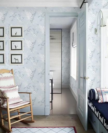 Heroad 17.3inx32.8ft Peel and Stick Wallpaper Delicate Floral Blue Wall Paper French Contact Paper for Cabinet Drawers Self Adhesive Removable Wallpaper for Bathroom Stick on Walls Decor Vinyl Roll