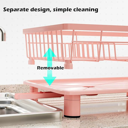 Small Dish Drying Rack, Space Saving Dish Racks for Kitchen Counter, Kitchen Organizer Dish Drainer with Cutlery Holder for Spoons and Forks, 11''W x 15''L, Pink