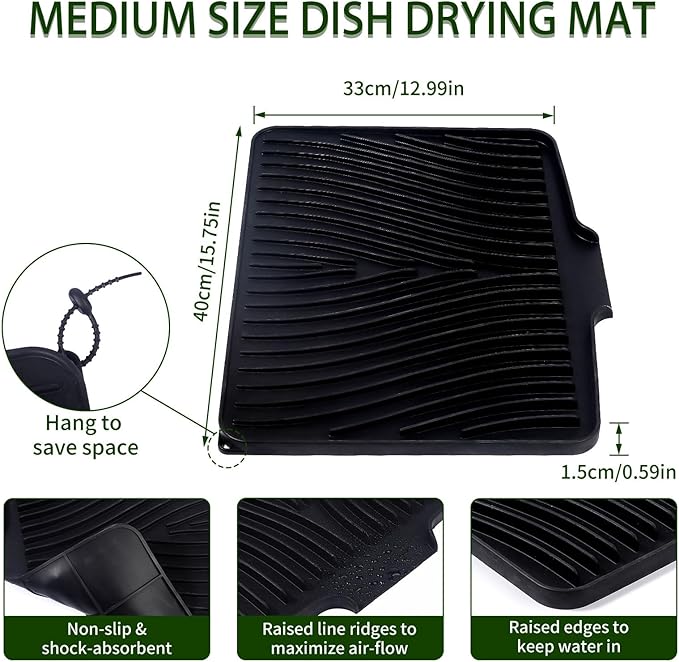 Silicone Dish Drying Mat 16x13 Multiple Usage,Easy clean,Eco-friendly,Heat-resistant Silicone Mat Dish Drying Mats For Kitchen Counter or Sink,Refrigerator or Drawer liner Black16inchx13inch