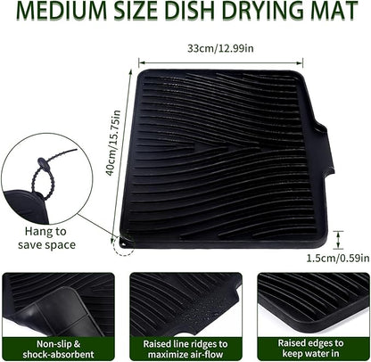 Silicone Dish Drying Mat 16x13 Multiple Usage,Easy clean,Eco-friendly,Heat-resistant Silicone Mat Dish Drying Mats For Kitchen Counter or Sink,Refrigerator or Drawer liner Black16inchx13inch