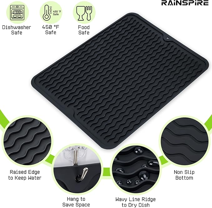 Rainspire Dish Drying Mats For Kitchen Counter, Silicone Dish Mat Drying Kitchen Mat, Food Grade Silicone Sink Drying Mat, Quick Dry Slip Resistant Kitchen Mats, 16x12inch, Black