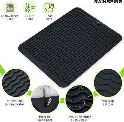 Rainspire Dish Drying Mats For Kitchen Counter, Silicone Dish Mat Drying Kitchen Mat, Food Grade Silicone Sink Drying Mat, Quick Dry Slip Resistant Kitchen Mats, 16x12inch, Black
