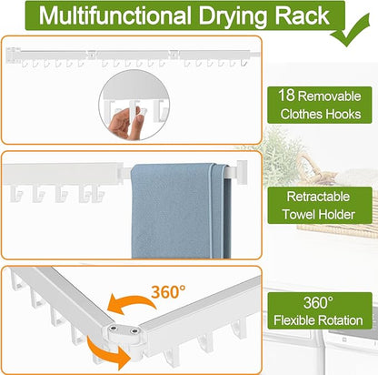 Clothes Drying Rack, Laundry Drying Rack Wall Mounted, [No-Drill & Drilling to Choose] 3-Fold Laundry Drying Racks for Hanging Clothes, Foldable & Sturdy Space Saver for Laundry Room -White