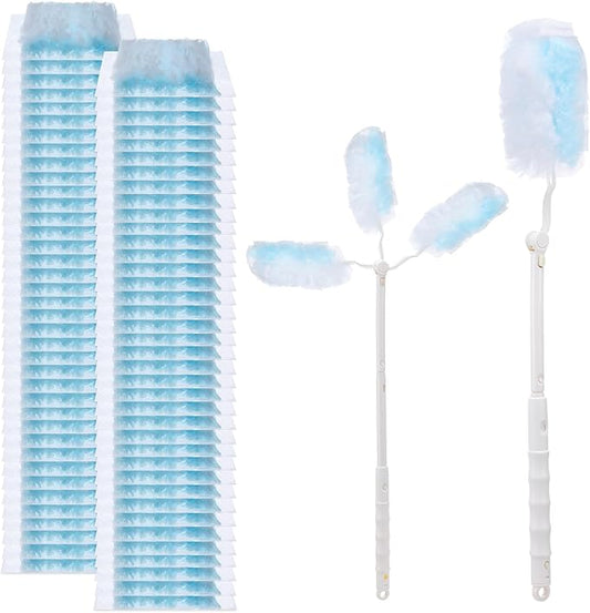 60 Count Duster Refills, 360° Heavy Duty Dusters Kit Disposable Microfibre Dusters with Extendable Handle Multi Surface Duster for Cleaning Furniture Blind Ceiling Fan Home