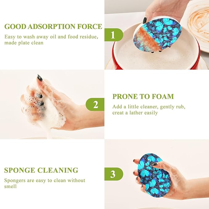 Butterfly Kitchen Scrub Sponges, Pop-up Kitchen Cleaning Sponges Reusable Dish Washing Sponges for Bathroom Household Cleaning 3 Pack - Non Scratch Scrubber