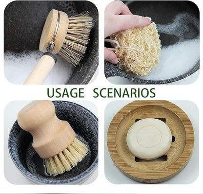 Dish Brush Set with Wooden Handle | Nautral & Bamboo Fibers Plastic Free | Pot Brush Scourer Scrubber ~ 5 Pcs Kitchen Dish Cleaning Tools - Makes Dish Cleaning Easy