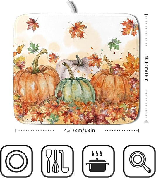 Fall Dish Drying Mat for Kitchen Counter 16×18 Inch Orange Pumpkin Drainer Pad Rustic Autumn Dish Rack Pad Drainer Mat Thanksgiving Absorbent Reversible Microfiber Dish Drying Pad for Coffee Bar