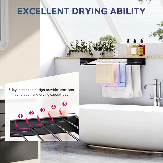 APEXCHASER Wall Mounted Clothes Drying Rack, 32'' Laundry Drying Rack Retractable, Towel Racks for Bathroom Balcony Laundry Room Wall Mount, Foldable Drying Rack for Clothing, Black