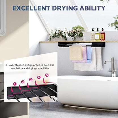 APEXCHASER Wall Mounted Clothes Drying Rack, 32'' Laundry Drying Rack Retractable, Towel Racks for Bathroom Balcony Laundry Room Wall Mount, Foldable Drying Rack for Clothing, Black