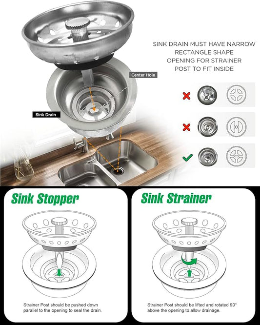 Highcraft 97333O Kitchen Sink Basket Strainer Replacement for Standard Drains (3-1/2 Inch) Chrome Plated Stainless Steel Body with Rubber Stopper, Single