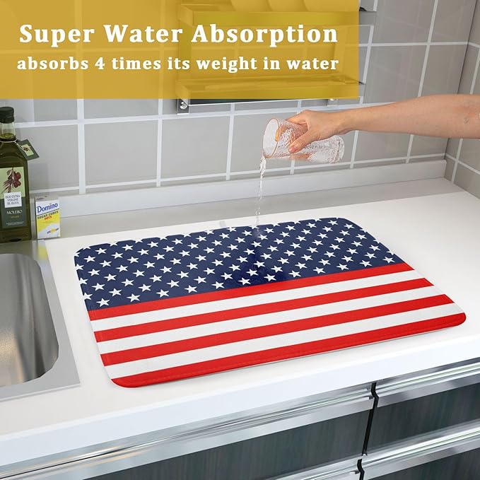 Red Blue Patriotic Star Stripes Dish Drying Mat For Kitchen Counter 4th of July Independence Day American Flag Microfiber Absorbent Drying Mats Reversible Kitchen Countertop Drainer Pad 18x24 Inch