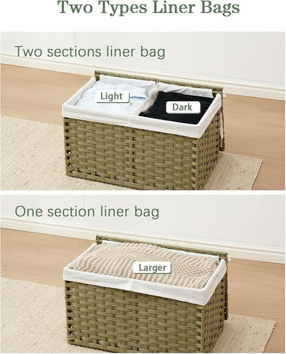 Storage Basket with Lid Rattan Woven Storage Baskets with 2 Separate Lids, 17.2 Gallon (65 L), Wicker Storage Bins Foldable, 2 Removable Liner Bags Handles for Bedroom, Laundry Room Green