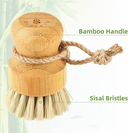 SUBEKYU Bamboo Dish Scrub Brushes for Kitchen, Cleaning Scrubber for Washing Cast Iron Pan/Pot, Natural Sisal Bristles, 1 Pack