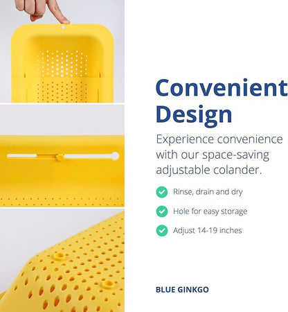 BLUE GINKGO Over the Sink Colander Strainer Basket - Wash Vegetables and Fruits, Drain Cooked Pasta and Dry Dishes - Extendable - New Home Kitchen Essentials (Yellow, 1 Pack)