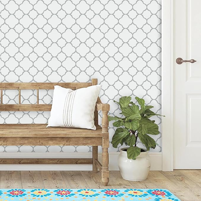 GloryTik Grey and White Peel and Stick Wallpaper Modern Trellis Contact Paper Removable Self Adhesive Geometric Waterproof Wall Paper for Bathroom Cabinets Living Room Wall Decor Vinyl Roll 17.7"ｘ118"