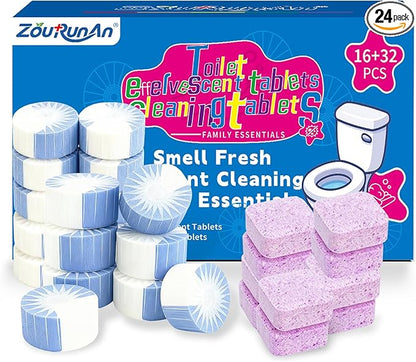 2-in-1 Toilet Cleaning Tablets (24 Pack) - 8 Effervescent Toilet Bowl Stain Remover and 16 Blue White Toilet Tank Cleaner Tablets - Limescale Removal for Septic System