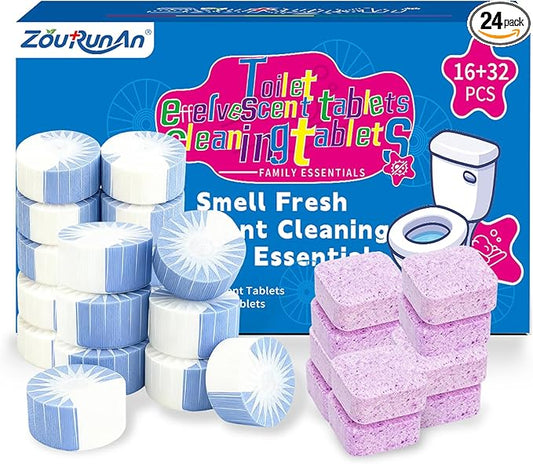 2-in-1 Toilet Cleaning Tablets (24 Pack) - 8 Effervescent Toilet Bowl Stain Remover and 16 Blue White Toilet Tank Cleaner Tablets - Limescale Removal for Septic System