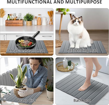 Large Stone Dish Drying Mat for Kitchen Counter 24x16 Inch - Super Absorbent Quick Dry Diatomaceous Earth with PU Leather, Foldable Space Saving Stone Bath Mats for bathroom