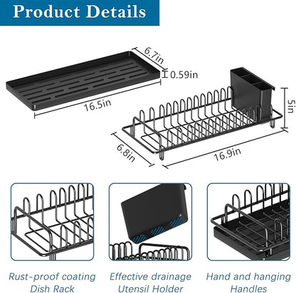 XYZLVSI Compact Small Dish Rack Sink Drying Rack with Silicone Mat, Stainless Steel Dish Drainer for Kitchen Cabinet, Kitchen Sink Rack,Dish Holder, Black