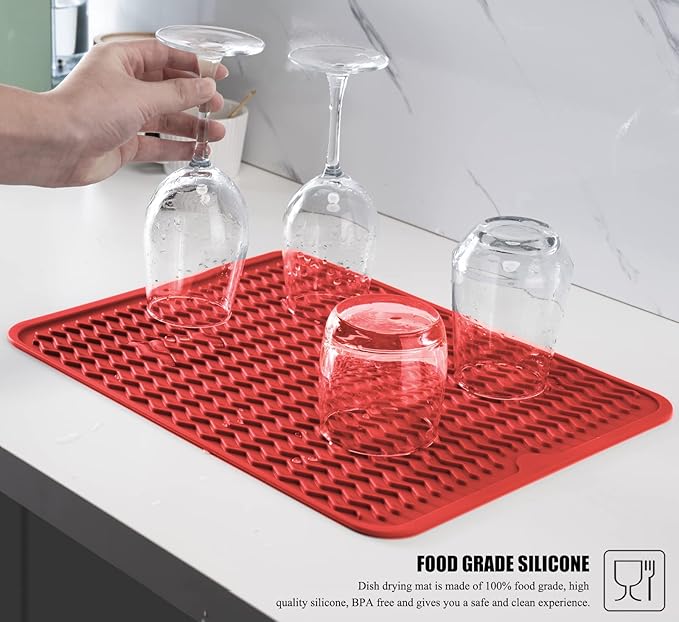 Silicone Dish Drying Mat, Non-Slip Easy Clean Sink Mat Large Heat-resistant Dish Drainer Mat for Kitchen Counter, Sink, Refrigerator or Drawer liner (18" x 16", RED)