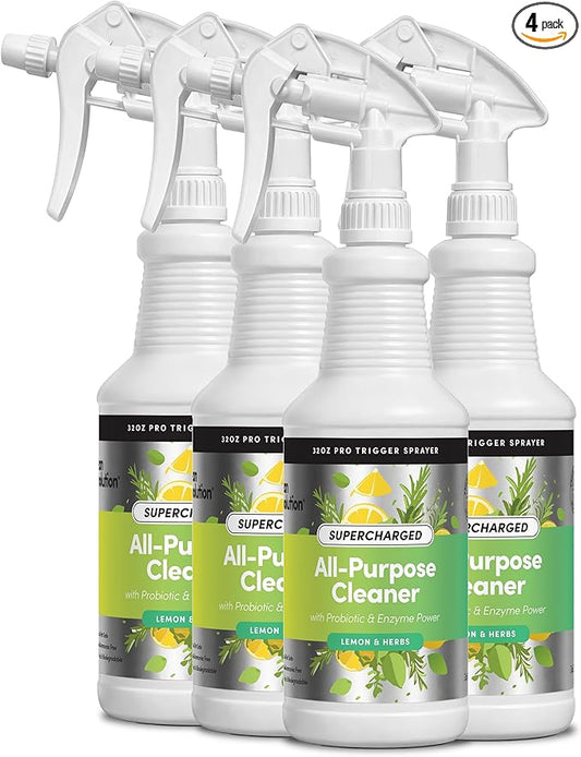 Clean Revolution SuperCharged All Purpose Cleaner Refill with Smart Probiotic + Enzyme Complex, Multi-Surface Kitchen Bathroom & Floor Cleaner, Lemon & Herbs, 32 Fl Oz (Pack of 4)