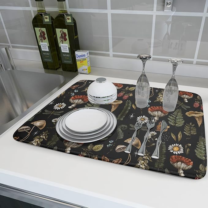 Mushroom Fern Leaves Berry Dish Drying Pad 18 x 24 Inch with Absorbent Reversible Microfiber Vintage Botanical Nature Forest Black Drying Mats For Kitchen Counter Dining Room Decoration