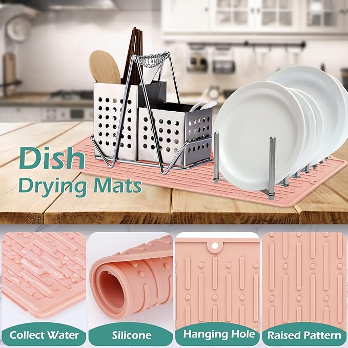 GeeRic Dish Drying Mats, Heat-resistant Silicone Mat for Kitchen Counter, Non-Slip Dish Dry Mat Dishwasher Safe Large, Pink