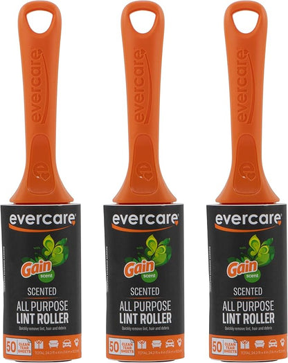 Evercare Gain Scented All-Purpose Lint Roller Brushes with 50 Sheets, Pack of 3 Manual Refillable Lint Rollers with Gain Scent (150 Sheets Total)