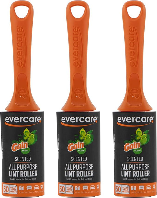 Evercare Gain Scented All-Purpose Lint Roller Brushes with 50 Sheets, Pack of 3 Manual Refillable Lint Rollers with Gain Scent (150 Sheets Total)
