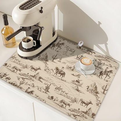 Cowboy Dish Drying Mat 24x18 Inch, West Drying Mat with Absorbent Reversible Microfiber, Cactus Dish Drainer Mats Summer Western Rack Pad for Coffee Countertop Kitchen Protector