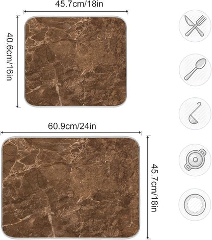 Brown Marble Texture Absorbent Dishes Drainer/Rack Mat for Countertop Small Size 16 x 18, Microfiber Dish Drying Pads Kitchen Counter Draining Pad