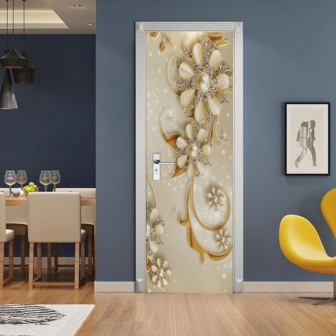 A.Monamour 3D Door Stickers for Interior Doors Luxury Flowers Golden Ornaments Vinyl Waterproof Self Adhesive Door Mural Decals for Bedroom Office Bathroom 77x200cm