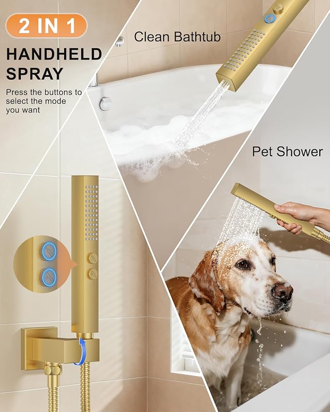 Brushed Gold Shower System with Tub Spout, Wall Mounted Bathtub Shower Faucet Set, 12" Rainfall Shower Head and Handheld Shower Combo, High Pressure Shower Fixtures Set with Rough-in Valve