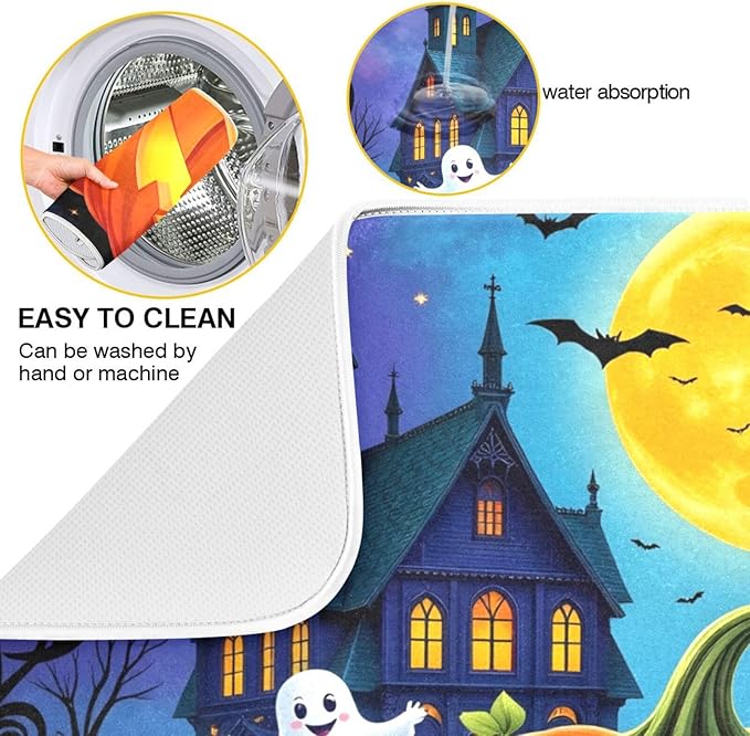 Halloween Pumpkin Ghost Witch Dish Drying Mat for Kitchen Counter Absorbent Microfiber Drying Pad, Medium 16x18 in