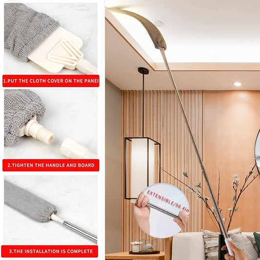 Retractable Gap Dust Cleaner, Microfiber Hand Duster Cleaning Tools, with 2 Washable Dusting Cloths and Long Handle Retractable Duster Brush for Under Fridge & Appliances Duster