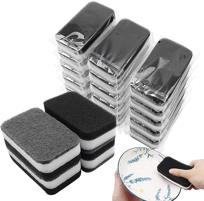 Kitchen Dishwashing Sponge Individually Wrapped Sponges, Bulk Non Scratch Scouring Pad Odor-Free Dish Sponges for Washing Dishes Wipes for Household Cleaning Dishes Travel Apartments (Black- 200 Pack)