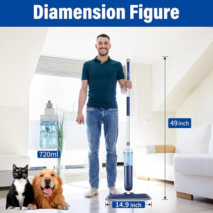 Power Mop for Floor Cleaning with 2 Washable Pads - Wet Dry Microfiber Mop with 720 ml Refillable Bottle for Kitchen Wood Floor Hardwood Laminate Ceramic Tiles Floors Dust Cleaning