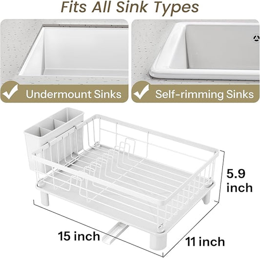 SNTD Dish Drying Rack - Small Dish Rack for Kitchen Counter, Stainless Steel Dish Drainer with Utensil Holder and Drainboard, 11" W x 15" L (White)