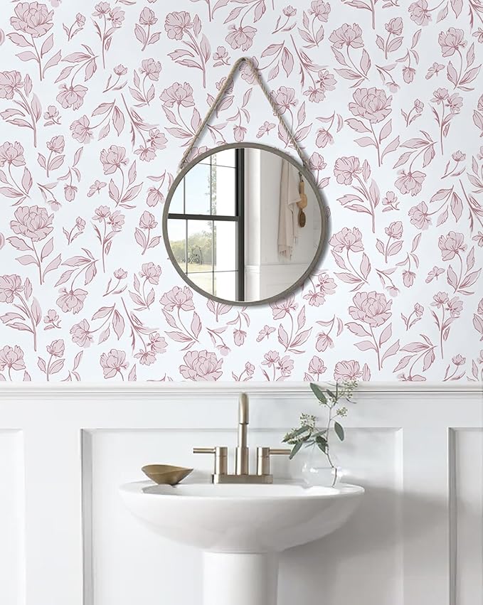 Timeet Floral Peel and Stick Wallpaper Pink and White Wallpaper Removable Self-Adhesive Contact Paper for Bedroom Bathroom Vintage Wall Paper for Walls Covering 17In×393.7In