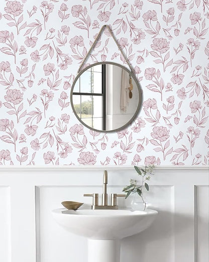 Timeet Floral Peel and Stick Wallpaper Pink and White Wallpaper Removable Self-Adhesive Contact Paper for Bedroom Bathroom Vintage Wall Paper for Walls Covering 17In×393.7In