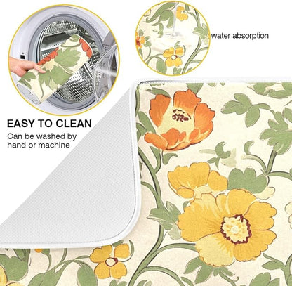 Retro Yellow Orange Flowers Dish Drying Mat for Kitchen Counter Absorbent Microfiber Drying Pad, Medium 16x18 in, Reversible Drainer Mats