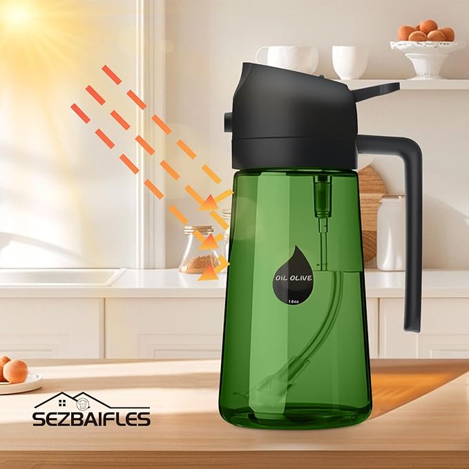 2 in 1 Oil Sprayer for Cooking, Olive Oil Dispenser Bottle for Kitchen Spray and Pour, 16oz/470ml Light-Blocking Dark Green Glass Bottle, Food-Grade Oil Mister for Air Fryer Black Cap